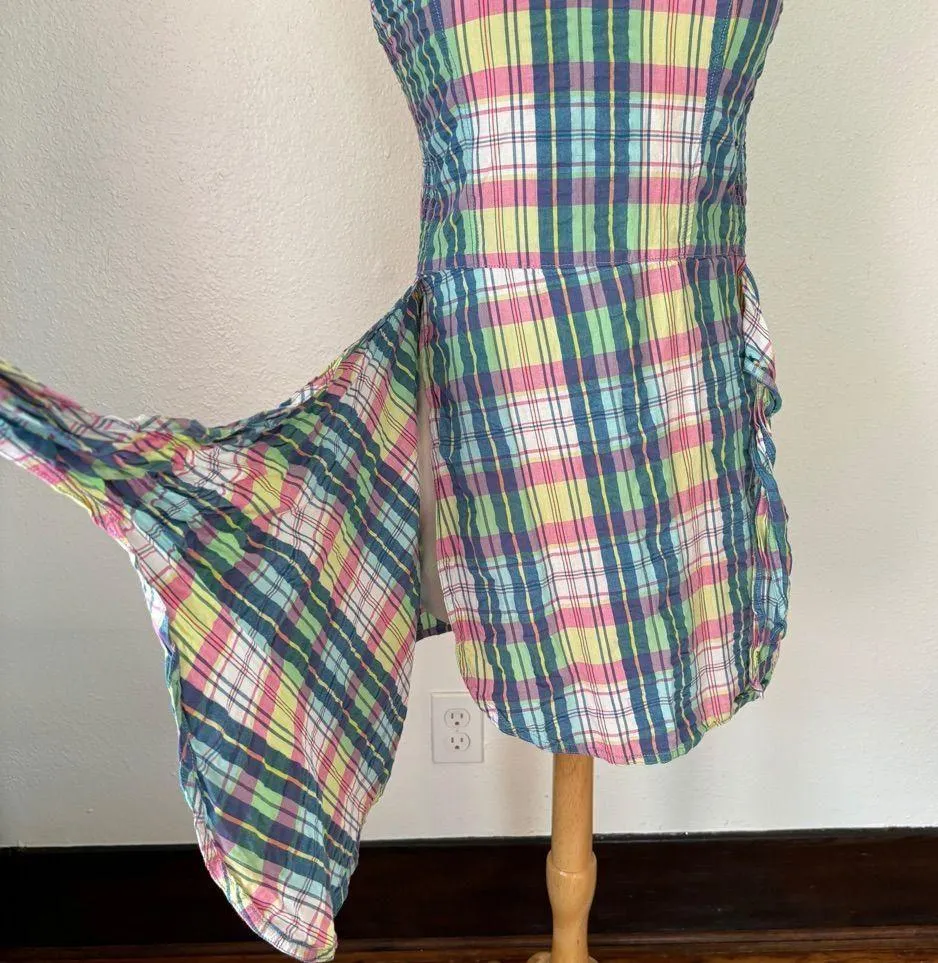 Vintage 90s Plaid Calvin Klein Sleeveless Smocked Wrap Dress - Image 3