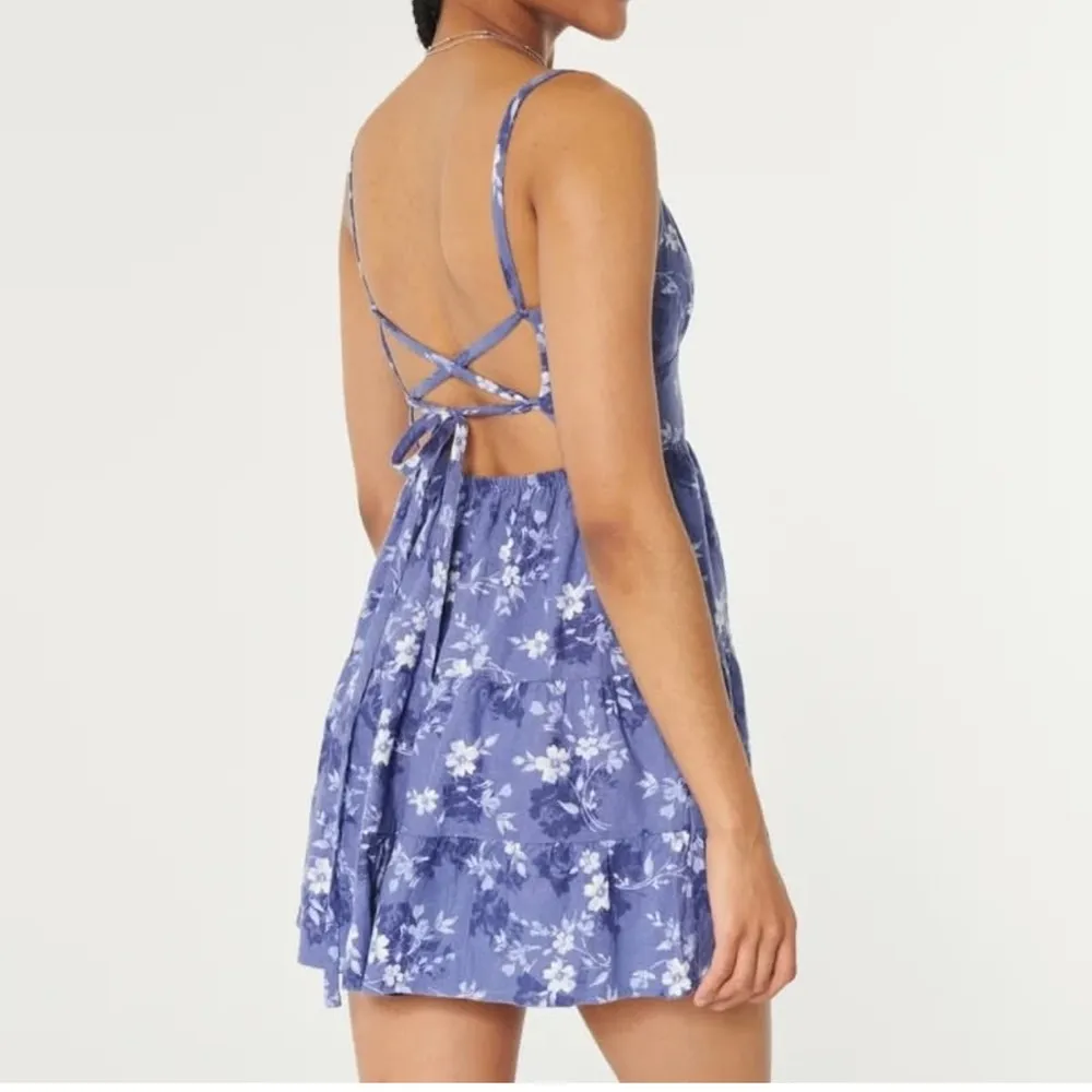 Hollister Open Back Linen Blend Mini Dress Lace Up Tie Back Blue Floral XS - Image 2