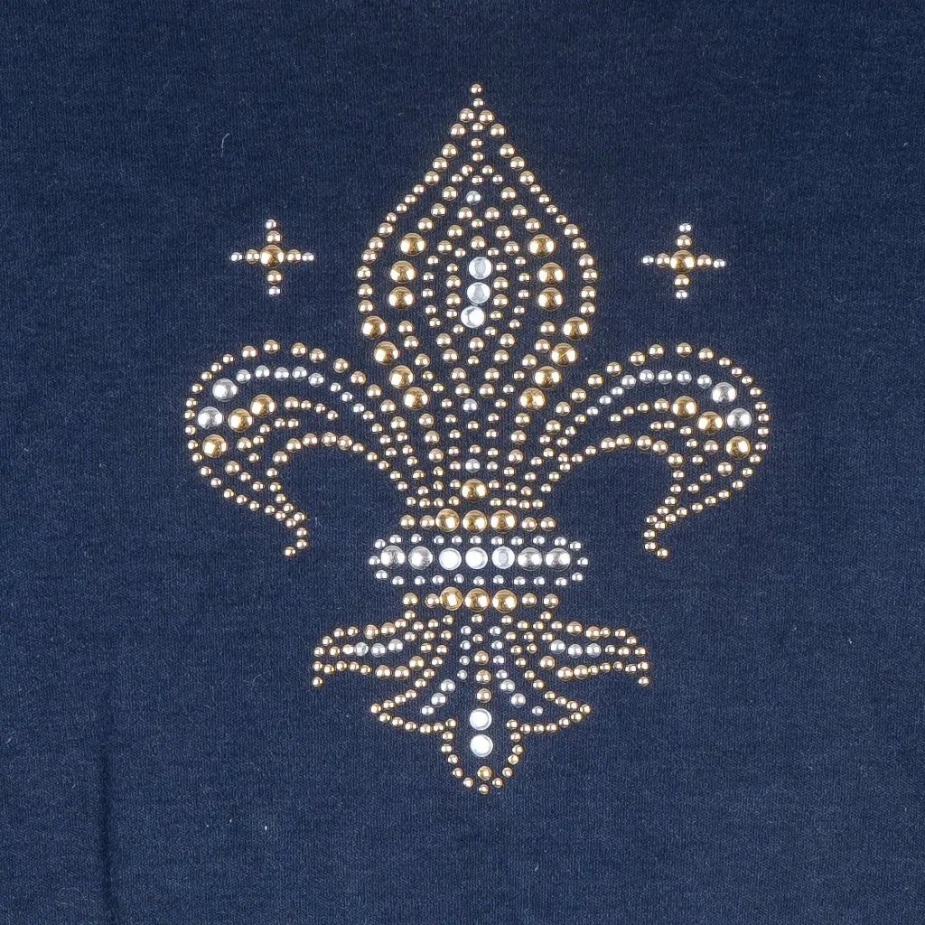White Stag Fleur-de-lis TShirt L 12 14 Womans Navy Blue Silver Gold Short Sleeve - Image 2