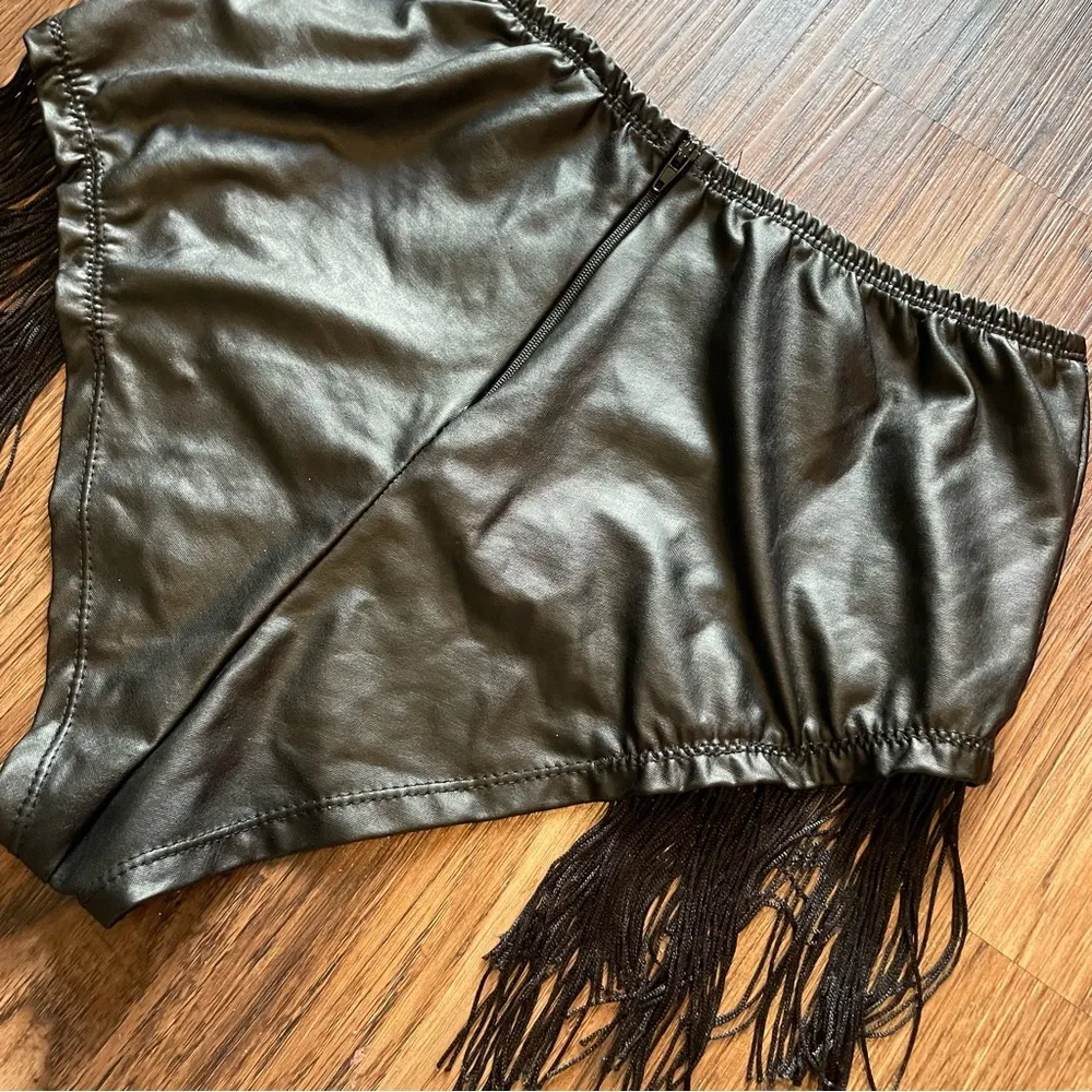 Body Rage Black Faux Leather Fringe Bikini Cut Bottoms Shorts Sz Large - Image 7