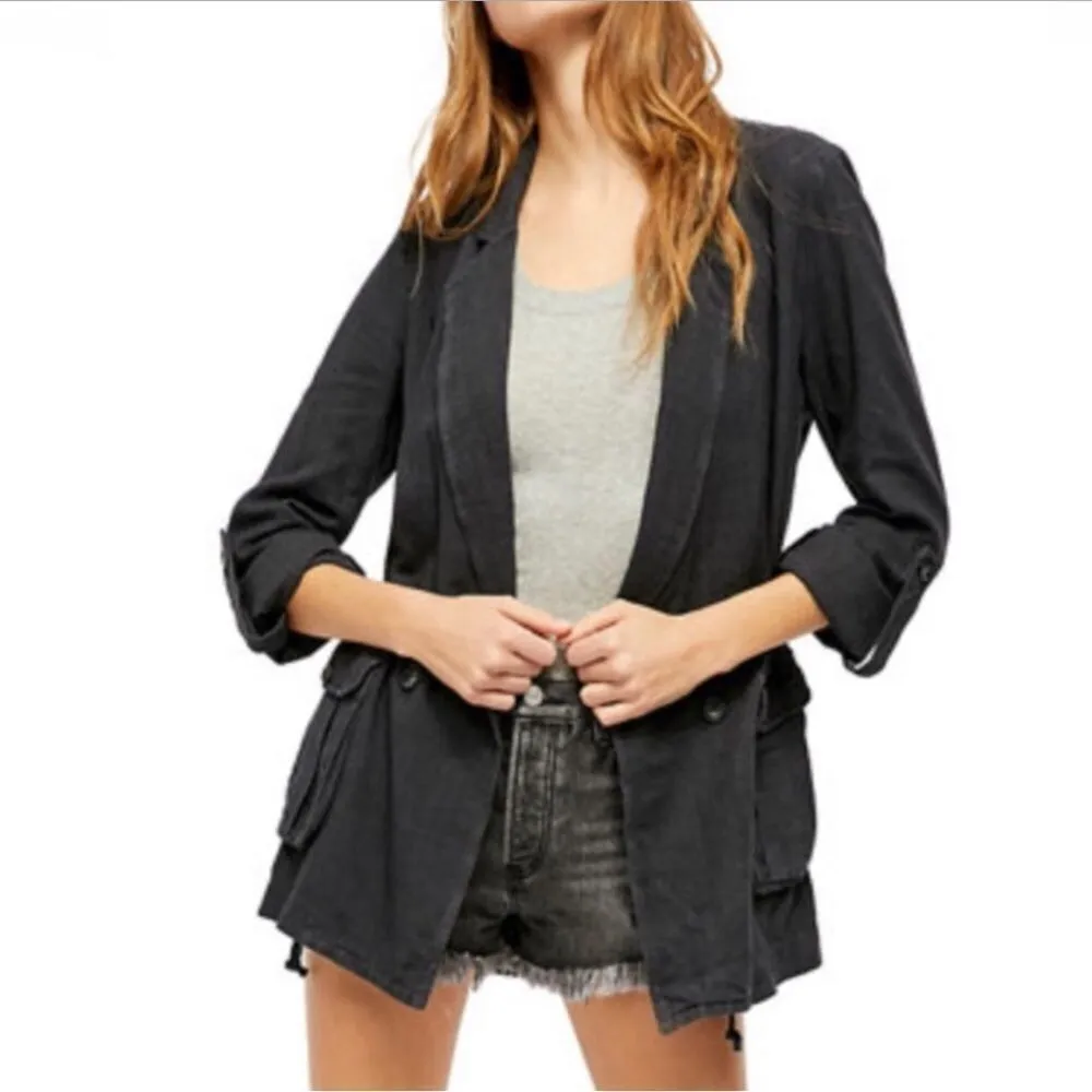 Free People Charly Blazer Midnight Black Size Medium Linen Boho Jacket‎ - Image 3