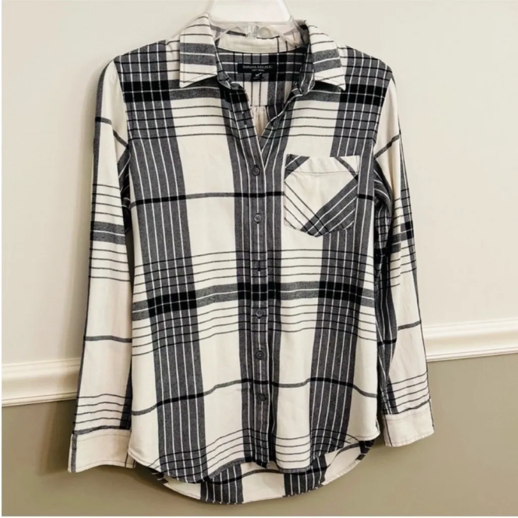 Banana Republic Cotton Black White Button Down Tartan Plaid Shirt Extra Small - Image 3