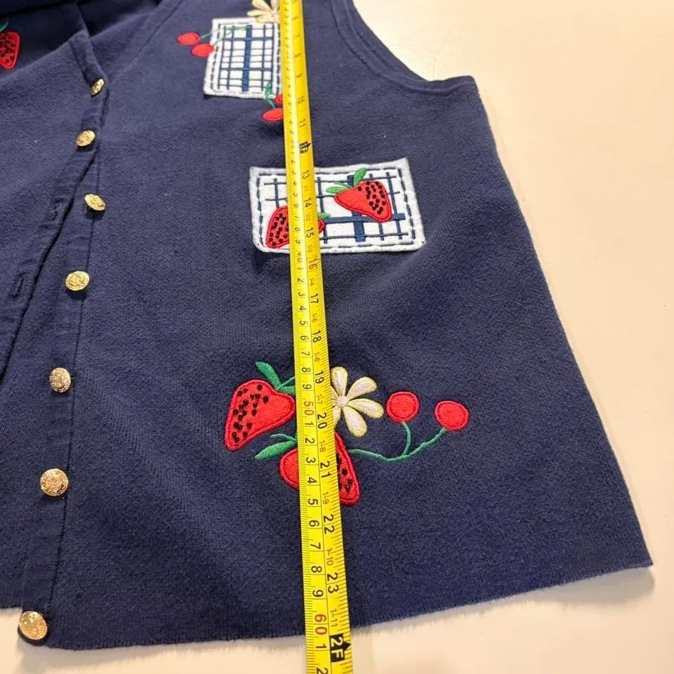 Vintage 90s Liz Baker Women Large Navy Sweater Vest Strawberry Cherry Embroidery - Image 6