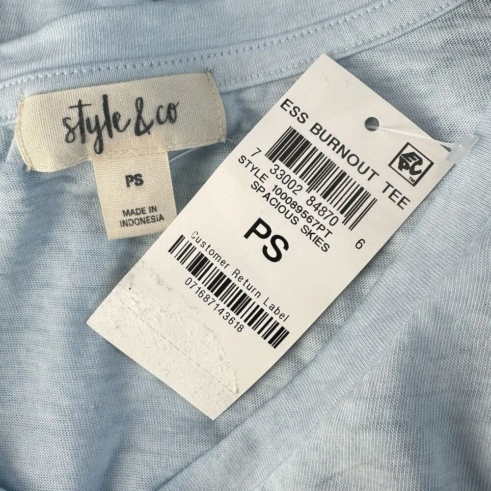 Style & Co Petite Small Top Cap Sleeve V-Neck Burnout Fabric Hi-Low Hem Blue New - Image 5