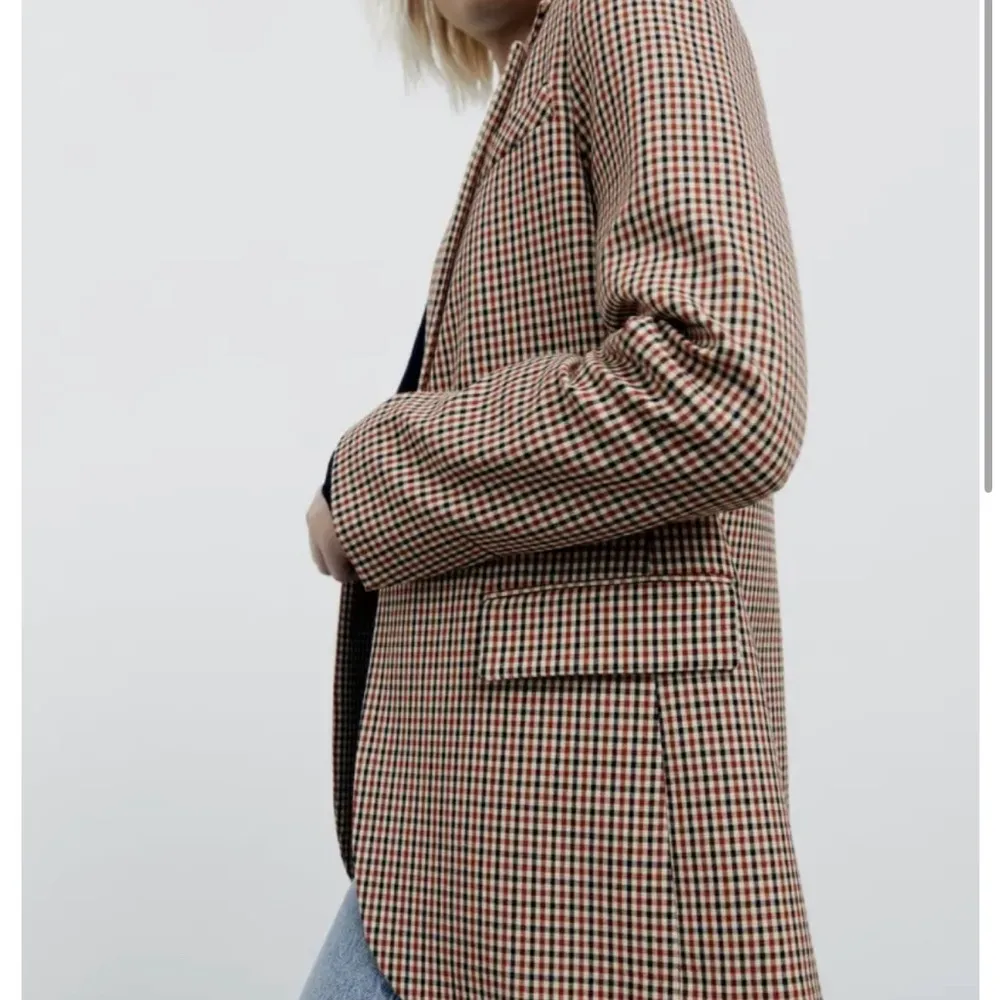 ZARA NEW WOMAN PLAID CHECK BLAZER BLACK RED CAMEL JACKET S - Image 3
