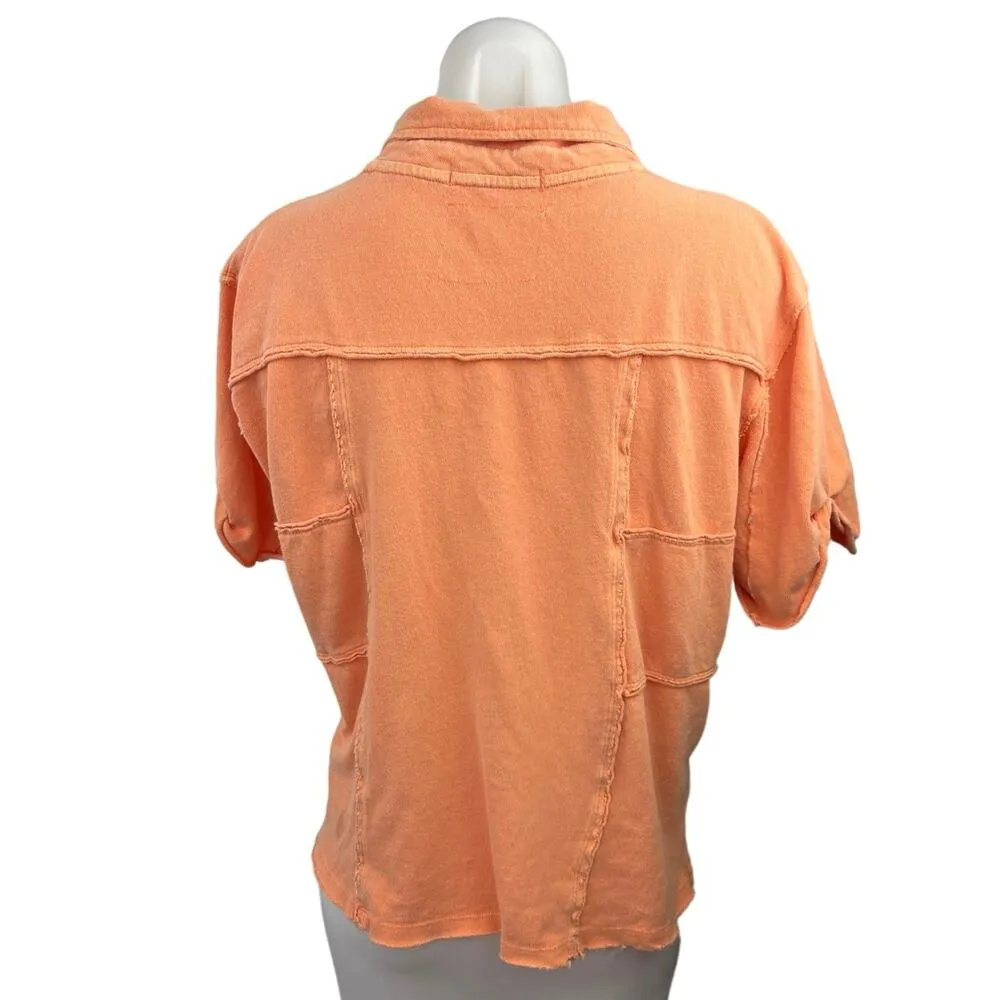 Free People Orange Cotton Collared Short Sleeve Boxy Crop Polo Shirt Top Size L - Image 2