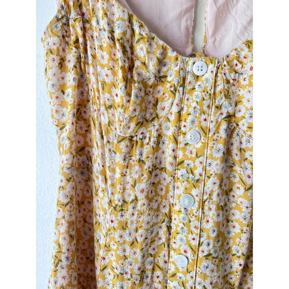 White fox Boho womens sundress yellow sleeveless casual‎ floral cotton mini S. - Image 11