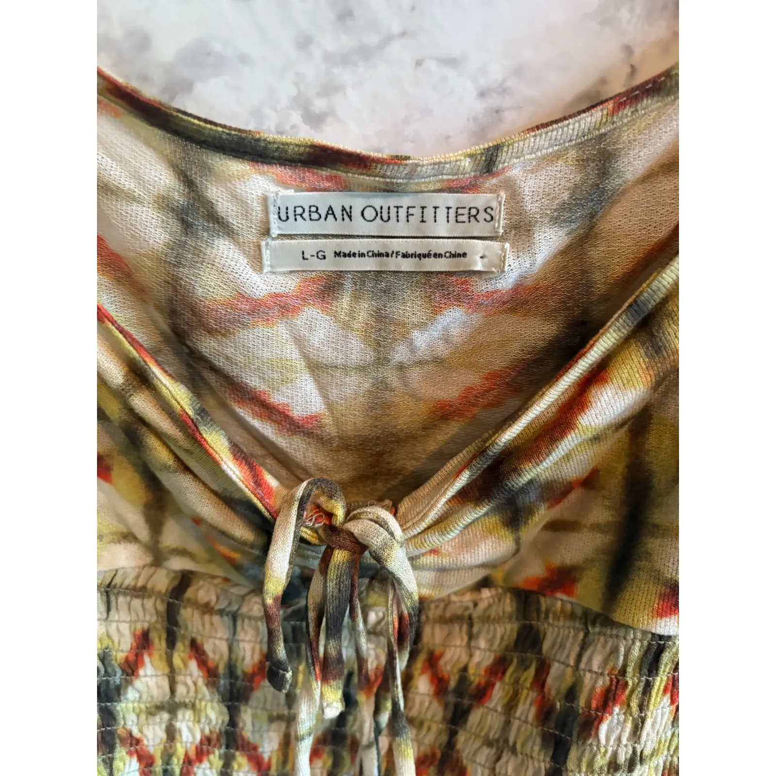 Urban Outfitters‎ Tie Front Top Smocked Long Sleeve Crop Blouse Bohemian L - Image 4