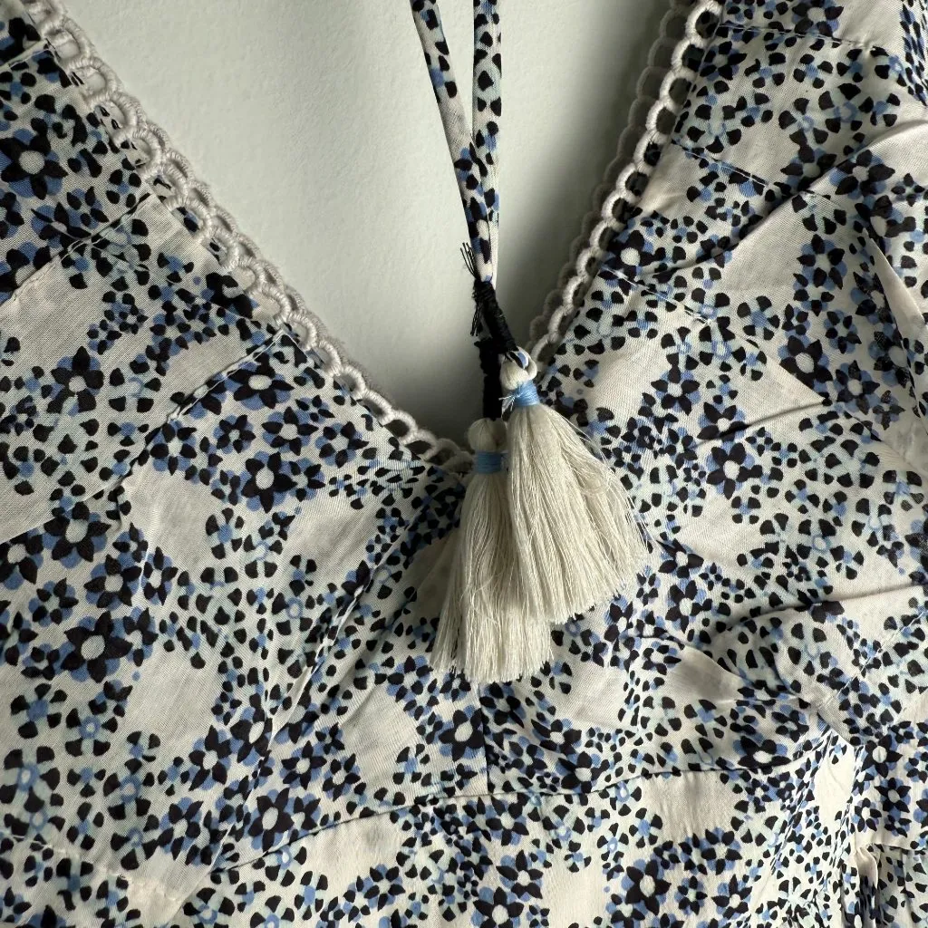 Anthropologie V-Neck Plunge Mini Tunic Dress Blue Cream Size L Garden Party - Image 11