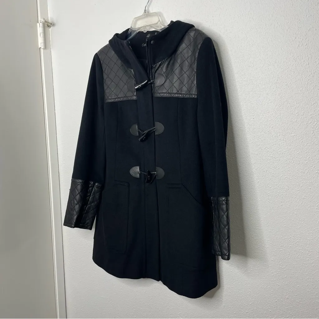 Calvin Klein Black Wool Blend Trench Coat with Leather Trim Accents size L - Image 3