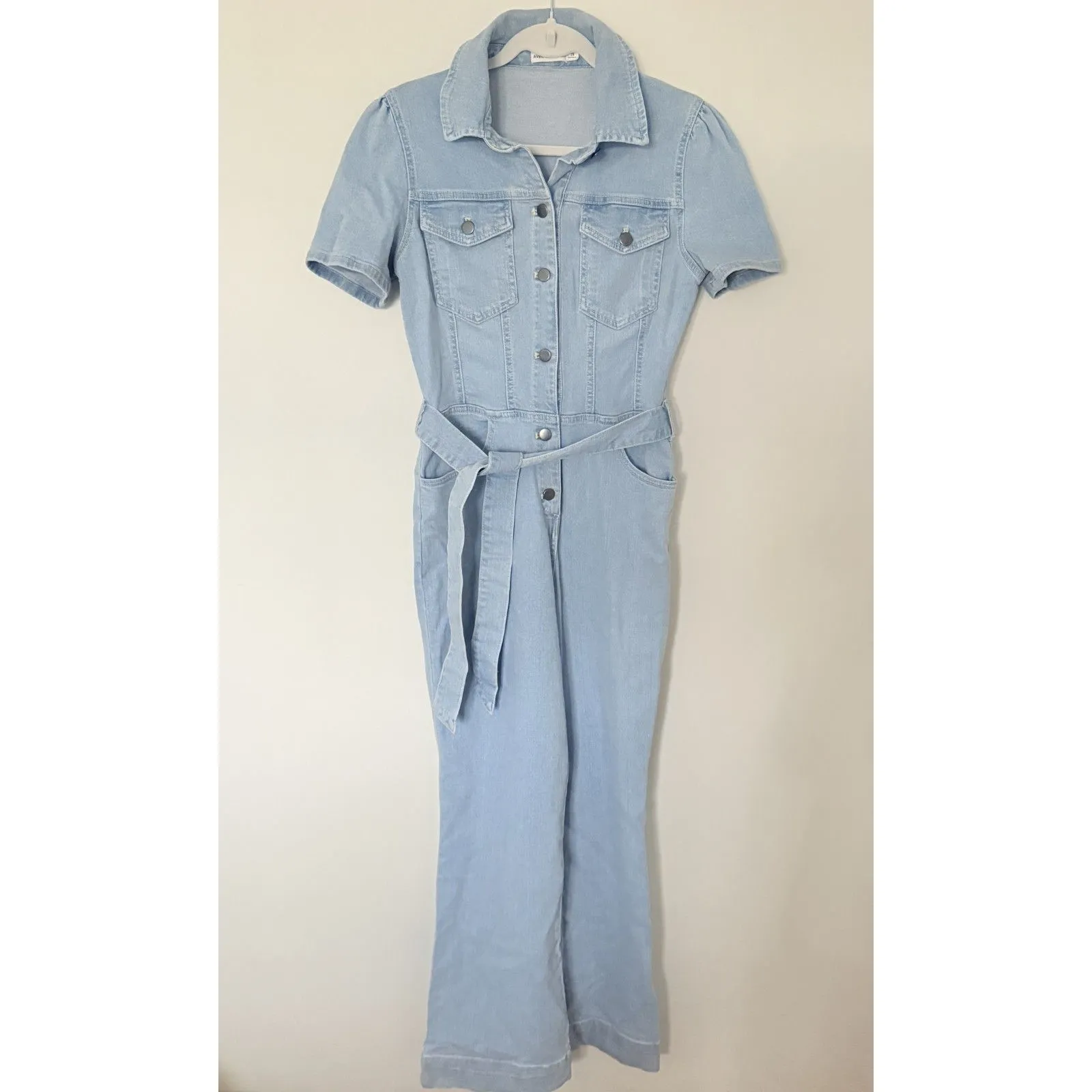 Avec Les Filles Denim Blue Wide Leg Belted Short Sleeve Fitted Jumpsuit Sz 29 - Image 2