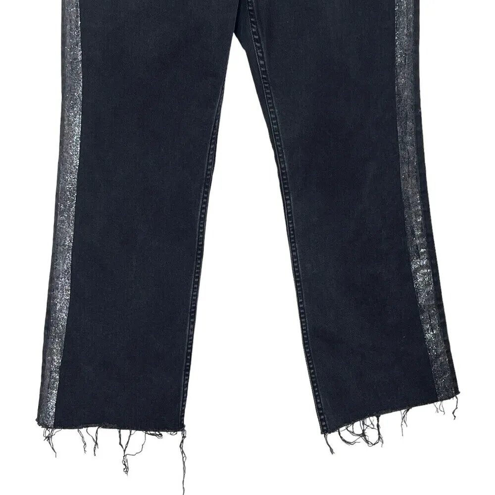 La Vie Rebecca Taylor Flare Jeans Size 29 Black Glitter Stripe Fringe Hem - Image 4
