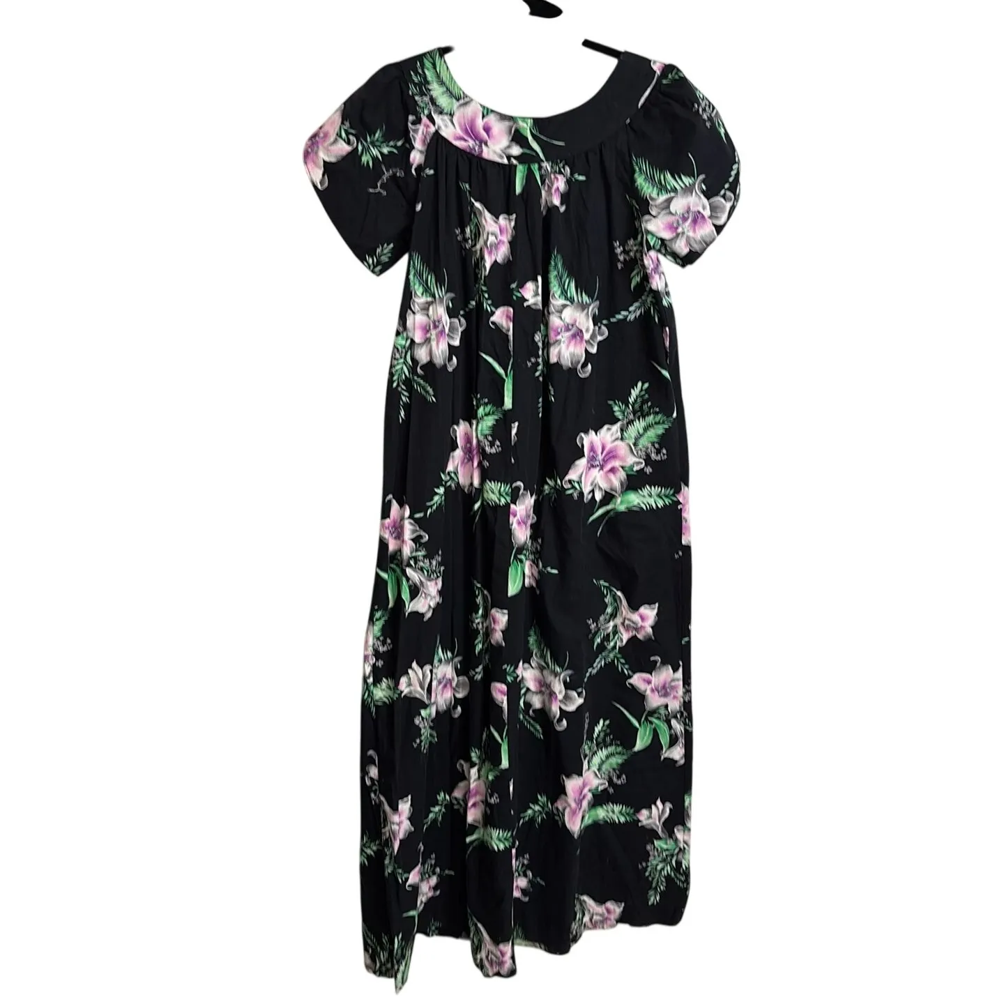 Hilo Hattie Dress Womens XS Black Floral Muumuu Maxi Puff Sleeve Hawaiian - Image 2