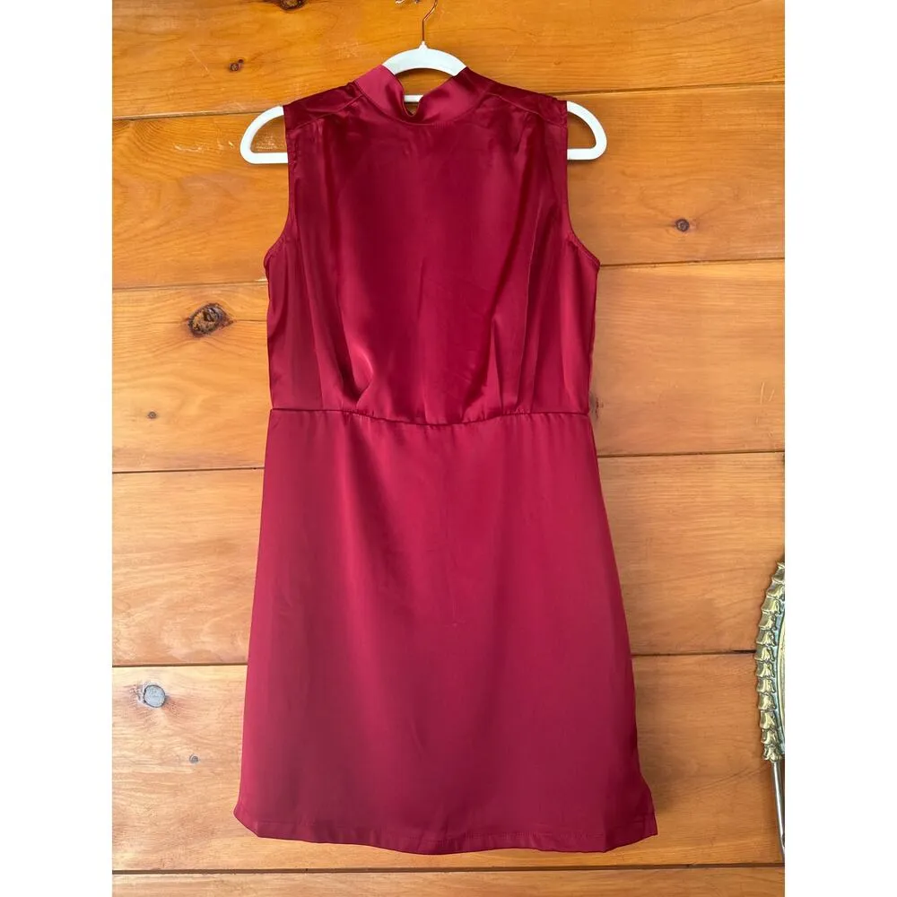 Lulus Classic Elegance Wine Red Satin Sleeveless Mock Neck Mini Dress Cocktail L - Image 3