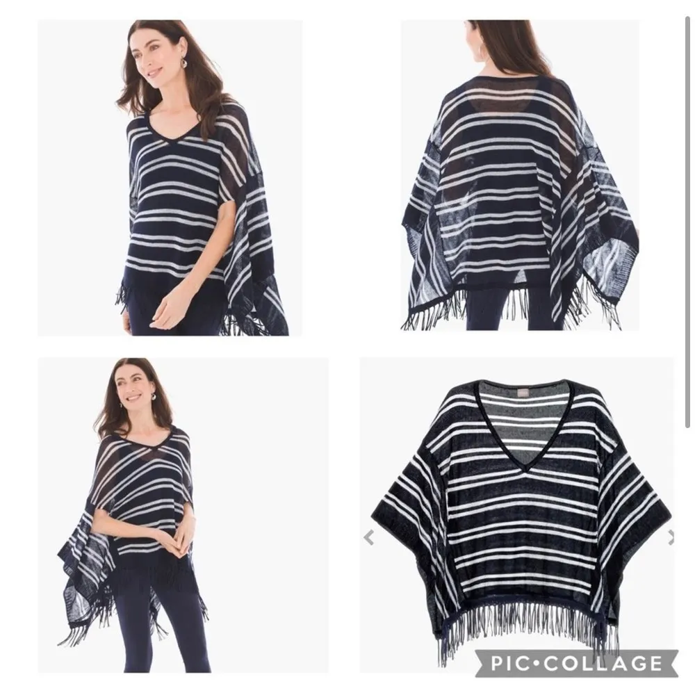Zenergy Chico’s Rebekah Fringe Navy Striped Poncho Size Large XL - NWT - Image 8