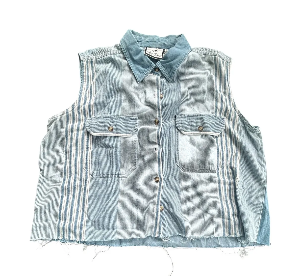 Bill Blass Women's Denim Striped Button Up Sleeveless Shirt Blue Vintage 90s - Image 1