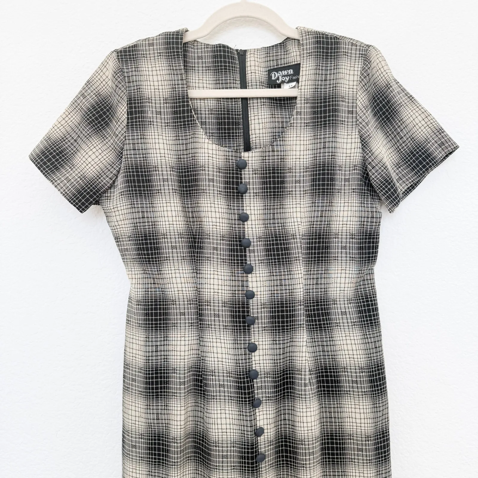 VTG 90s Dawn Joy Womens Dress Size‎ S Black Beige Plaid Midi Button Front Grunge - Image 2