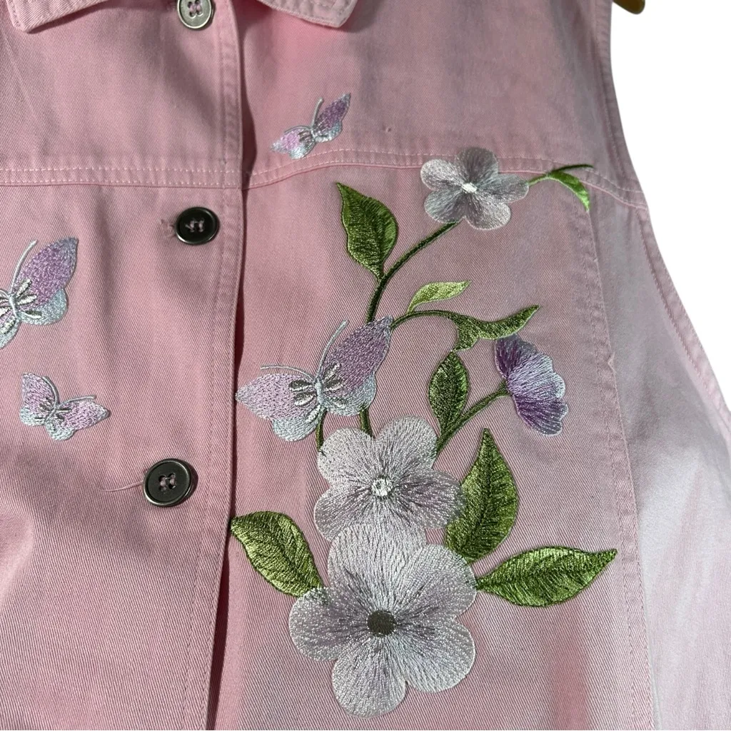 Fairy Cottagecore Baby Pink Embroidered Rhinestone Butterfly Jean Cotton Vest 1X - Image 3