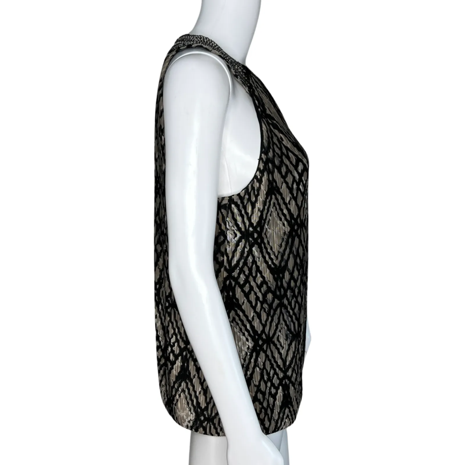 Alfani Shirt Womens Medium Black Tan Geo Print Sleeveless‎ Beaded Neckline Party - Image 2