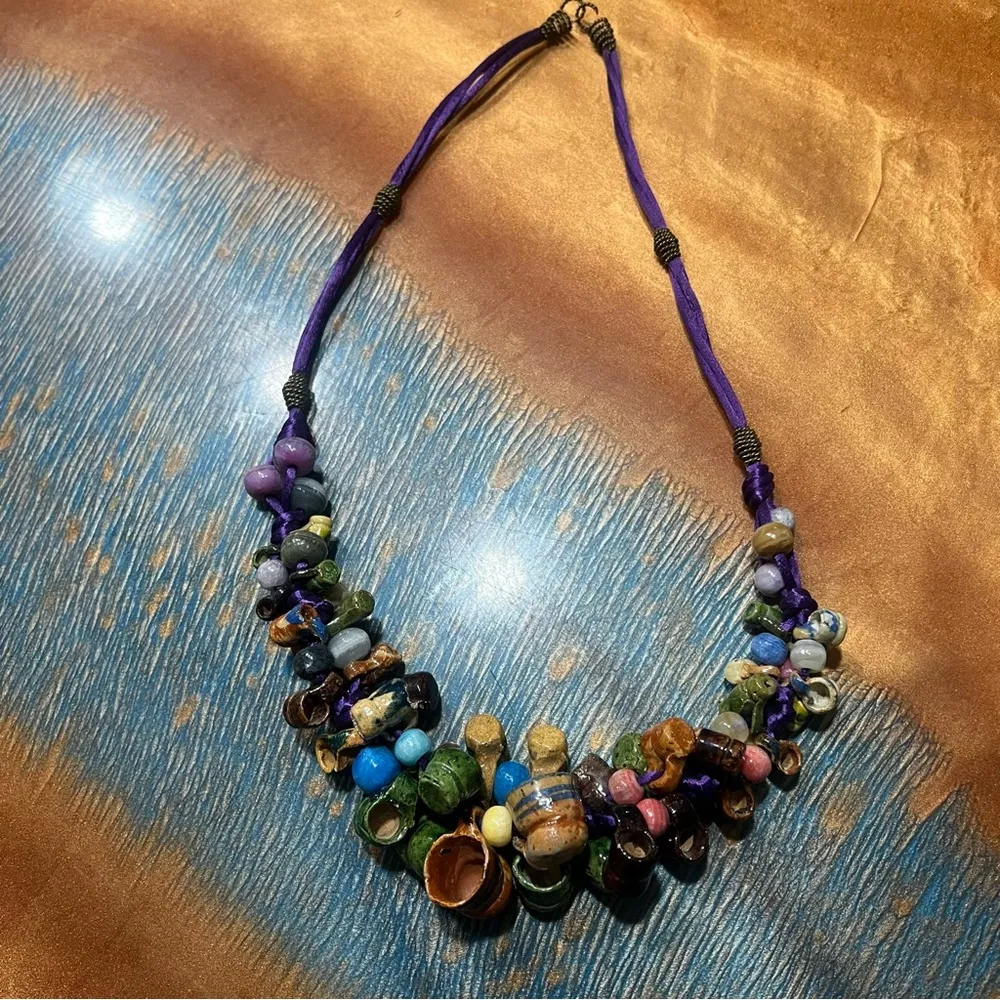Vintage Mexican Folkart Mini Ceramic mug cup Necklace multicolor Purple - Image 4