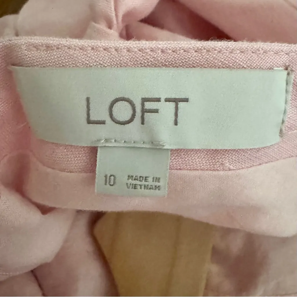 Loft Short Puff Sleeve Square Neck Pink Linen Blend Dress Tie Back Size 10 - Image 9