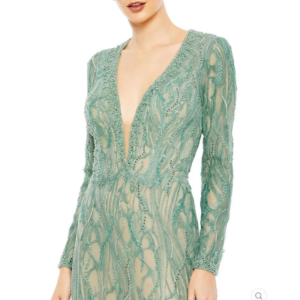 Mac Duggal 79291 Womens BEADED ILLUSION LONG SLEEVE PLUNGE NECK GOWN - Image 4