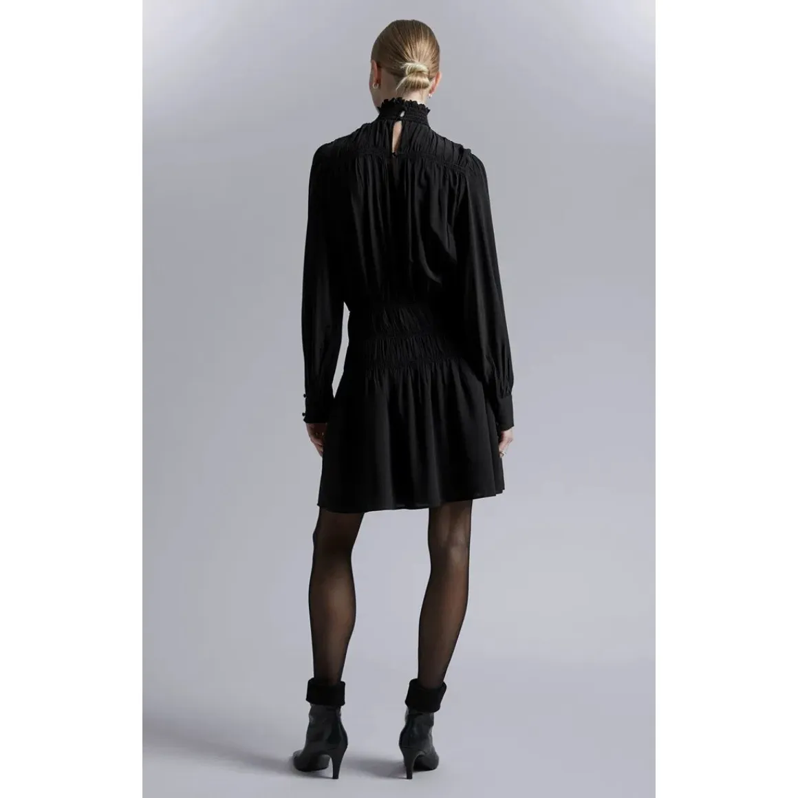 & OTHER STORIES Smocked-Neck Mini Dress Size 8 Black Long Sleeve - Image 2