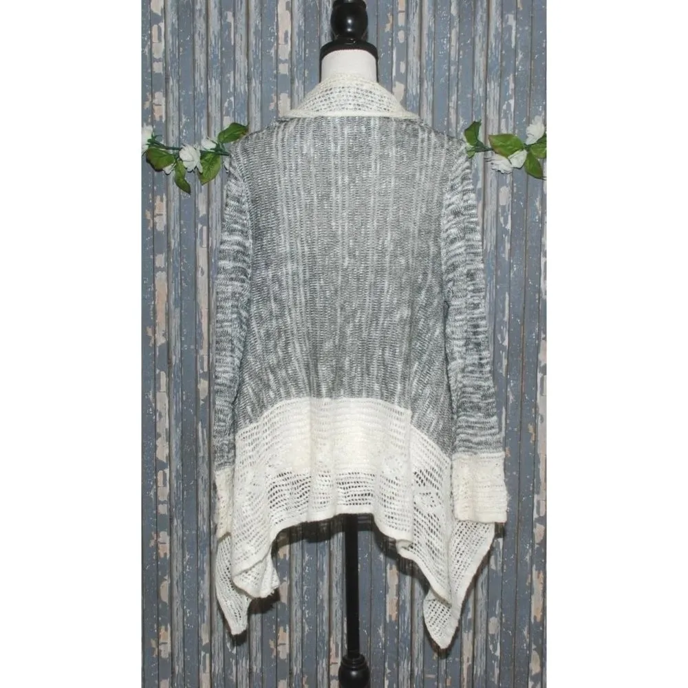 Energe World Wear Ladies Gray White Cardigan Sweater SZ L Open Front Lace LS Size L - Image 8