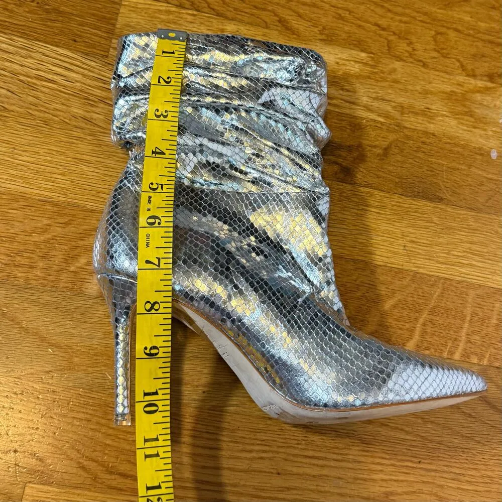 Black Suede Studio Womens 37.5 Leather Metallic Snake skin Slouchy Heel Boots Silver Size 7 - Image 7