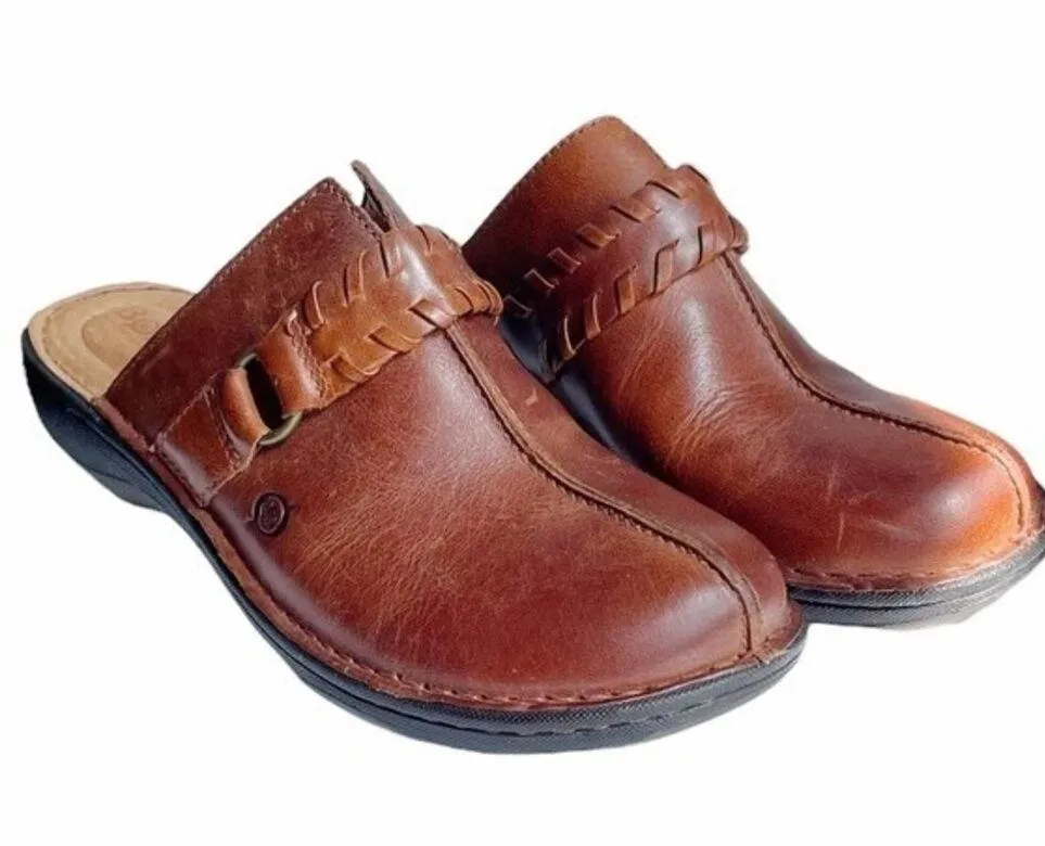 Born Mules Brown Leather Saddle Stich Braided Decorative Strap Women’s Size 7 - Image 2