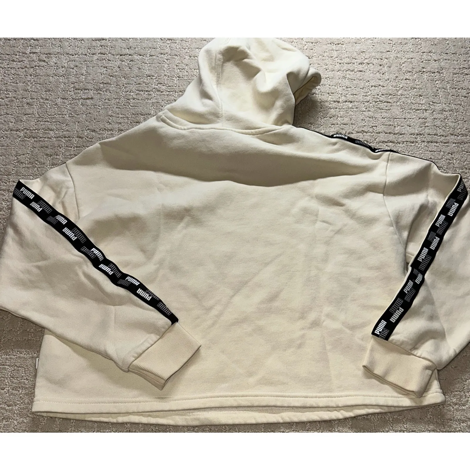 PUMA Women Cropped Hoodie Sweatshirt Cream Ivory Logo Tape Sleeves Size M - Image 5