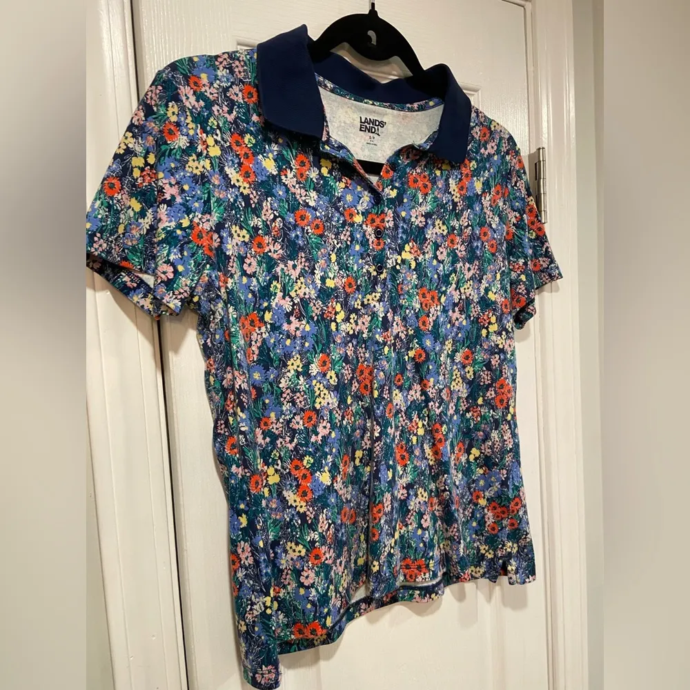 Lands End Size S Navy Blue Floral Cotton Collared Short Sleeve Polo Shirt - Image 5