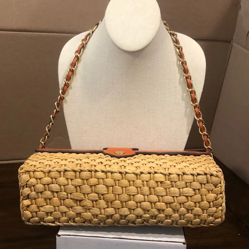 Vintage MICHAEL KORS Rattan Leather Clutch Gold Turn Lock Chain & Leather Strap - Image 8