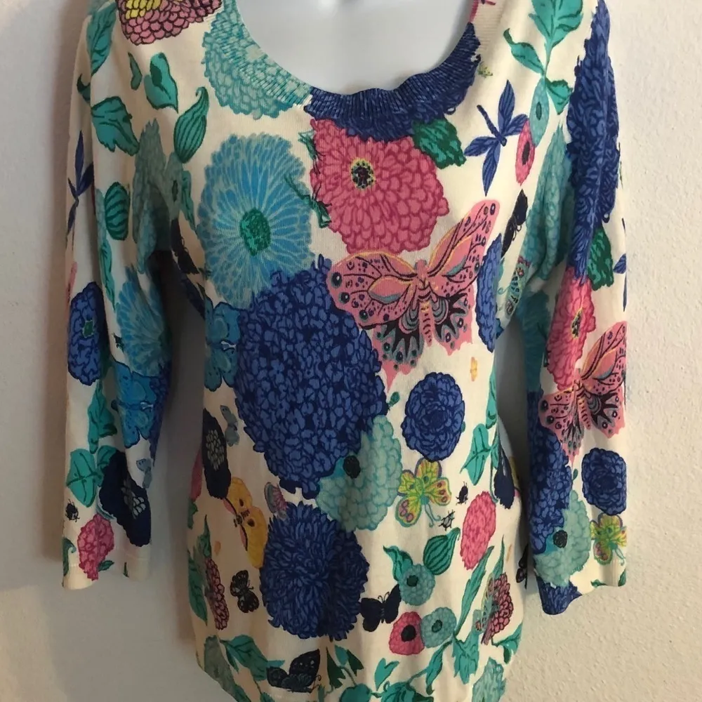 Talbots Floral Jewel Bright Sweater Soft Button Up Back M - Image 4