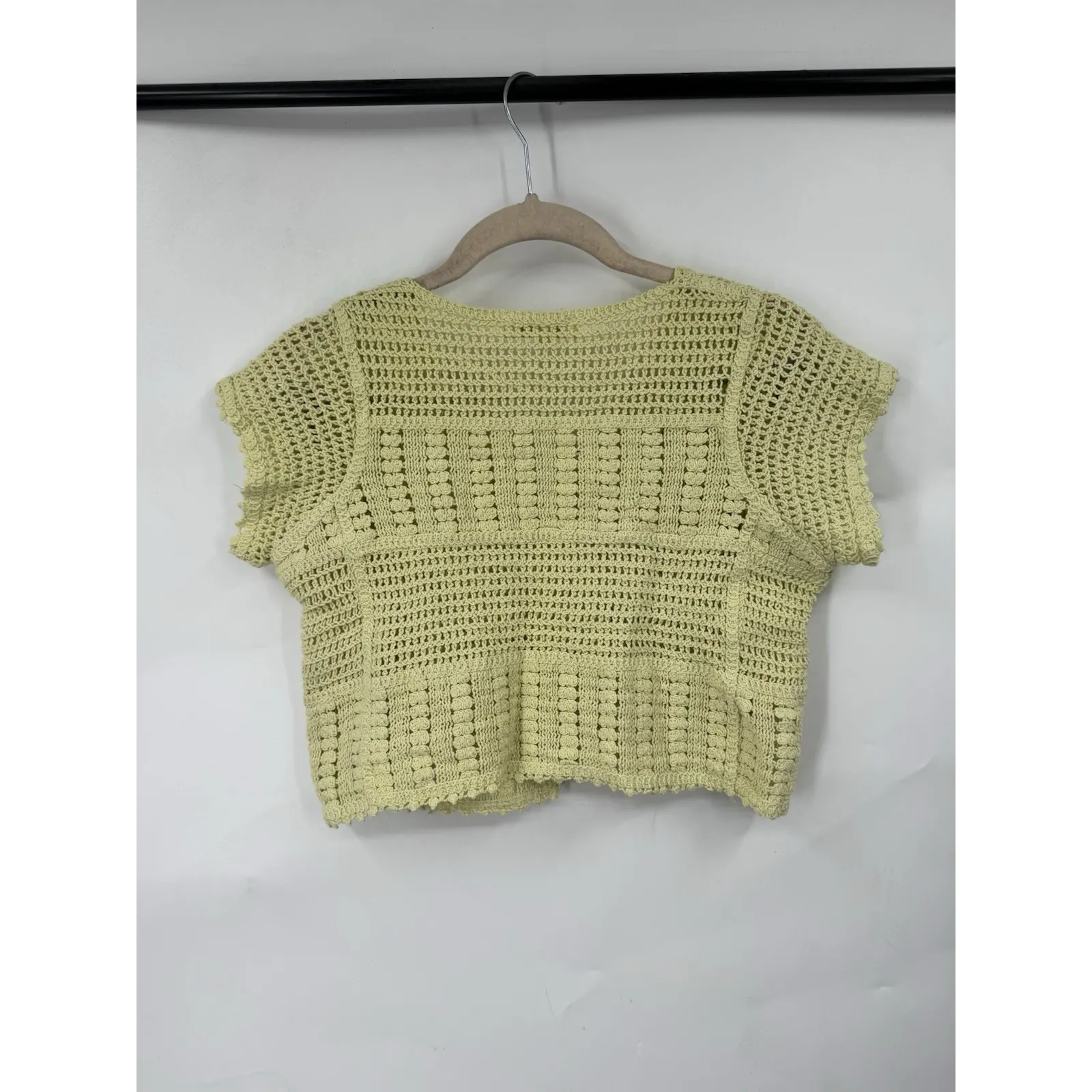 Rebellion Open Knit Button Crop Top Women S Yellow Y2K Retro Coquette Whimsical - Image 2