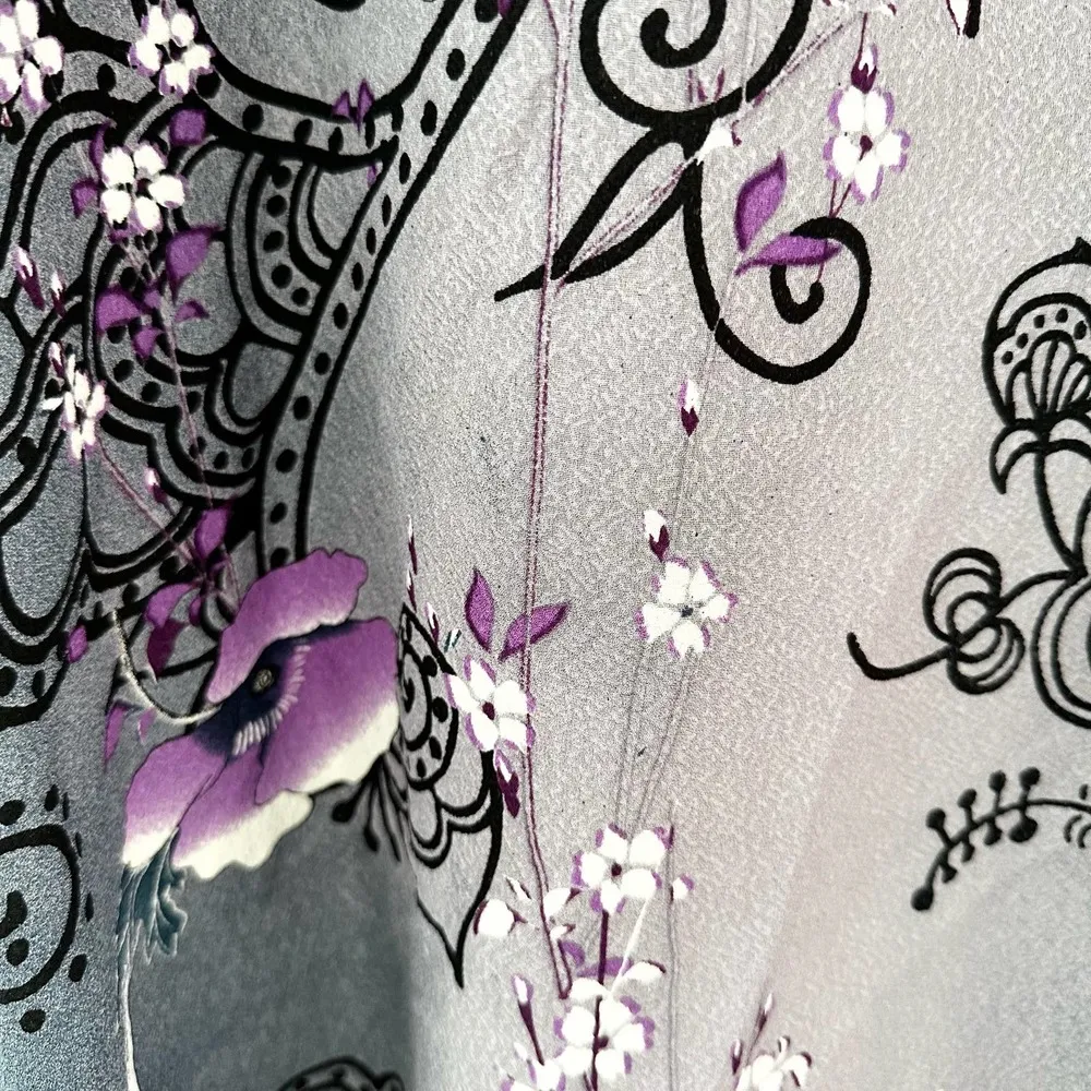 Citron Grey Black Purple Paisley Floral Printed Silk Kimono Blouse Medium Asian - Image 11
