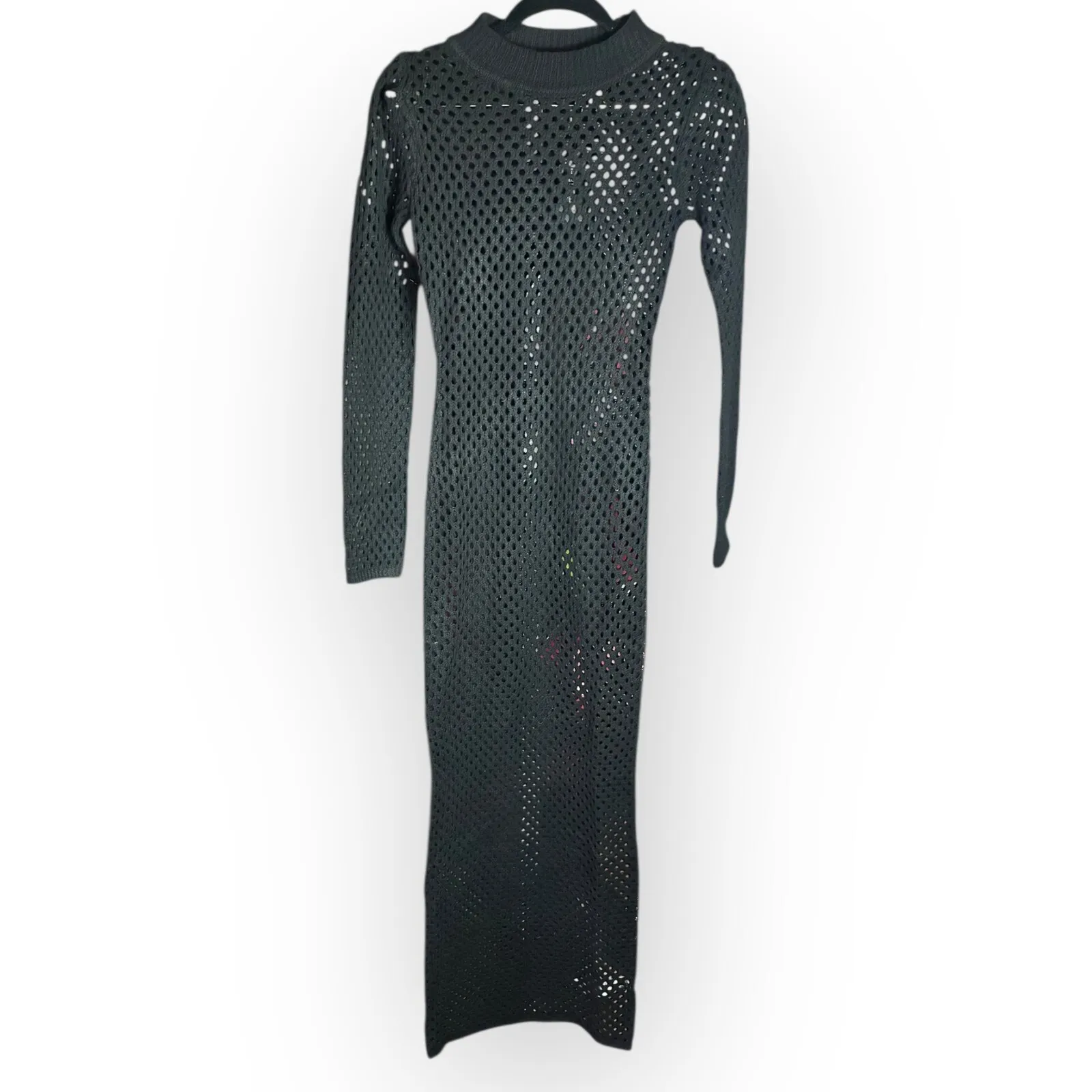 PrettyLittleThing Black Open Knit Maxi Dress XS Mock Neck Long Sleeve NWT - Image 2