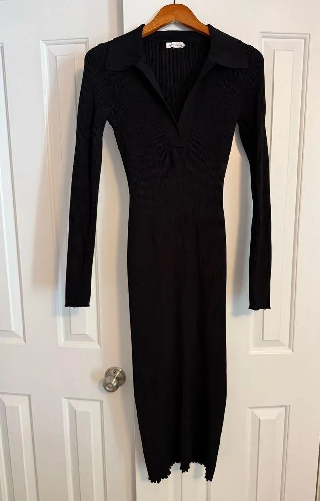 Good American Black Rib Knit Bodycon V-Neck Midi Dress - Image 2