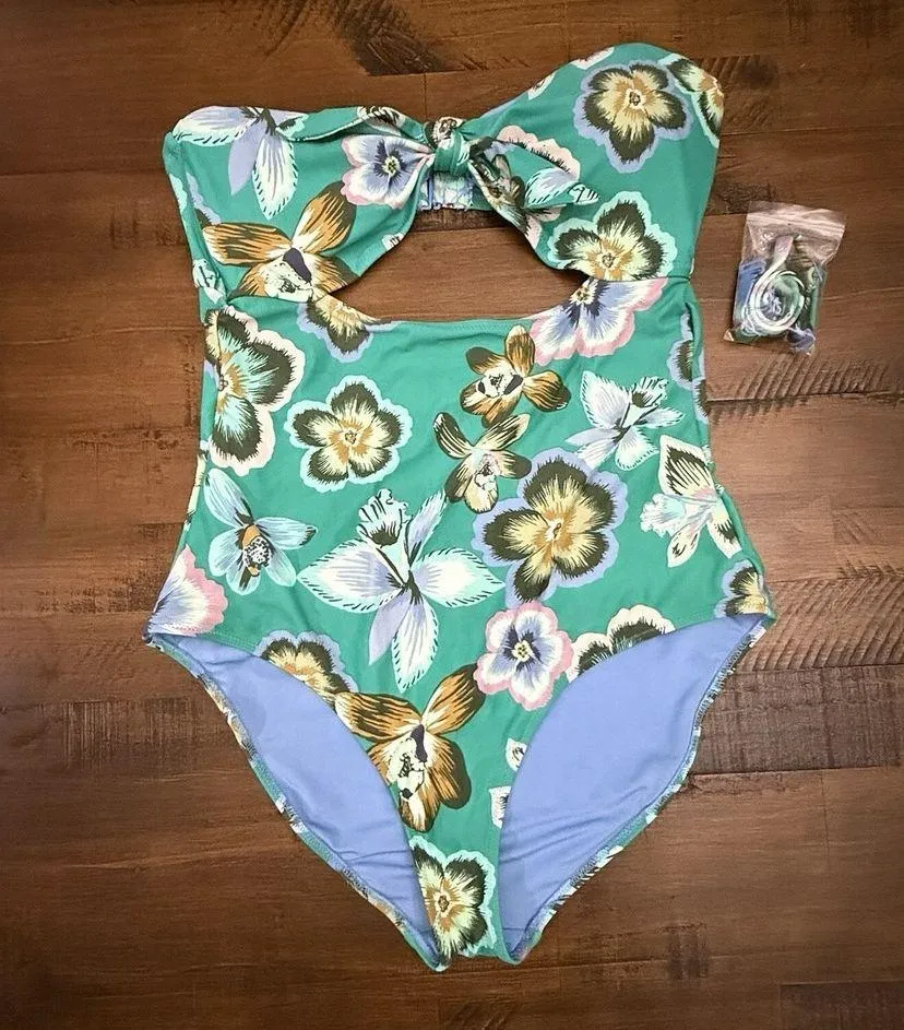 Aerie floral fun blue green front tie cut out one piece swimsuit size L - Image 4