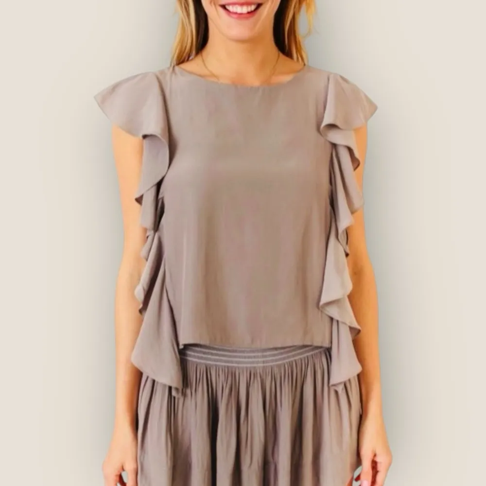 Koch Cafe Cara‎ Top Blouse Satin Ruffle Tan Beige Sz XS - Image 2
