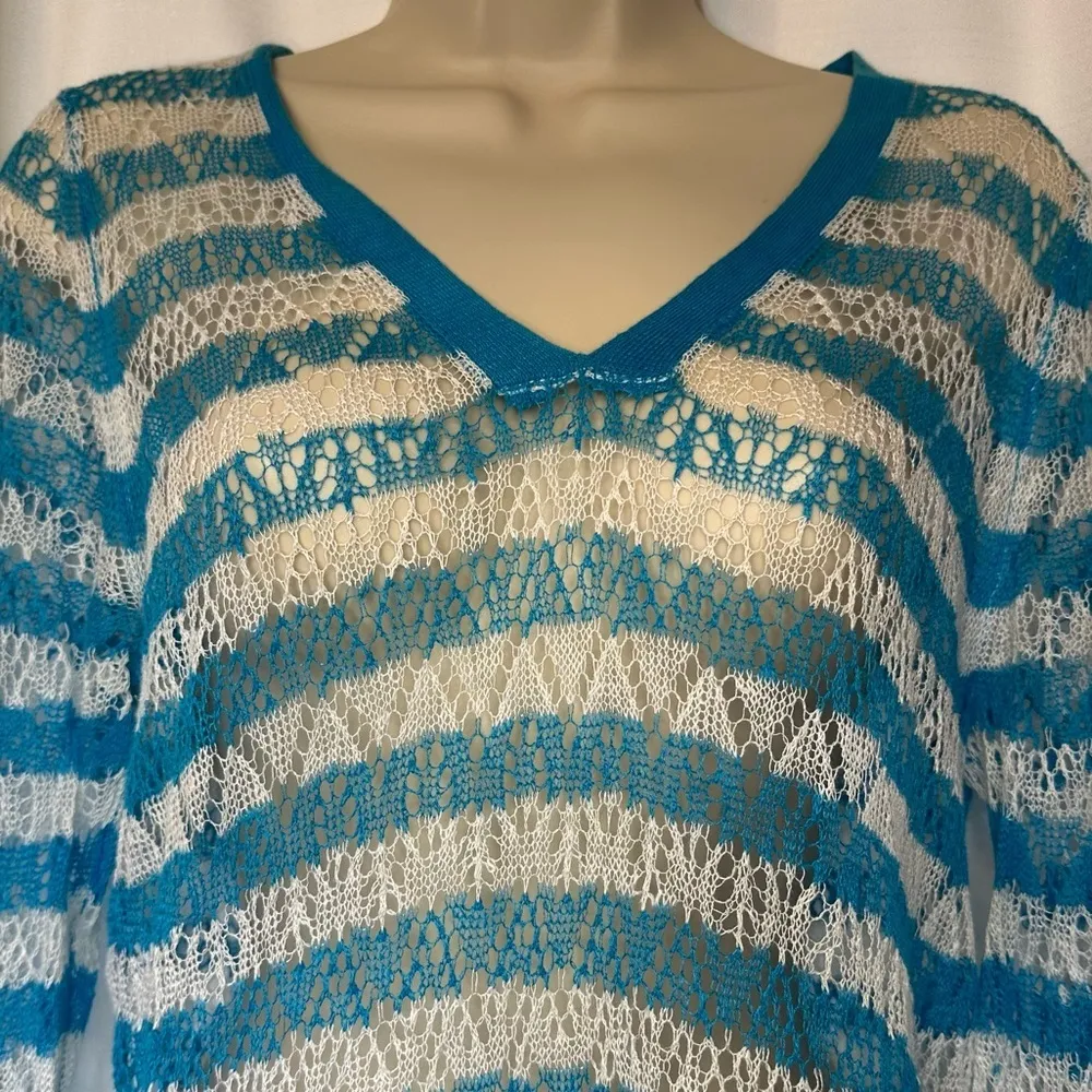 Tommy Bahama Womens Linen Turquoise Blue White Striped Swim Coverup Dress SZ M - Image 6
