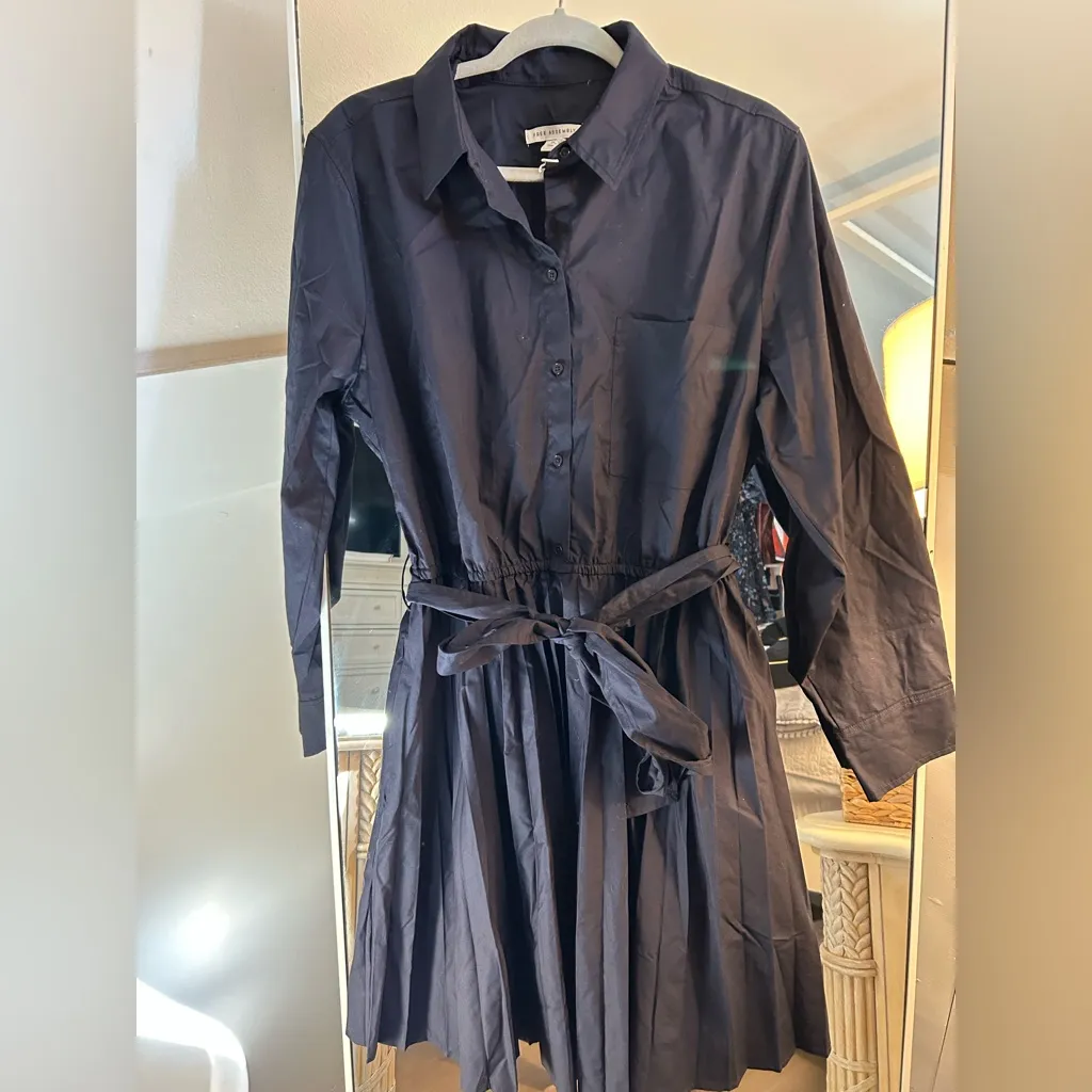 NEW Navy Blue Free Assembly Pleated Mini Shirtdress Long Sleeves Belted Dress XL - Image 4