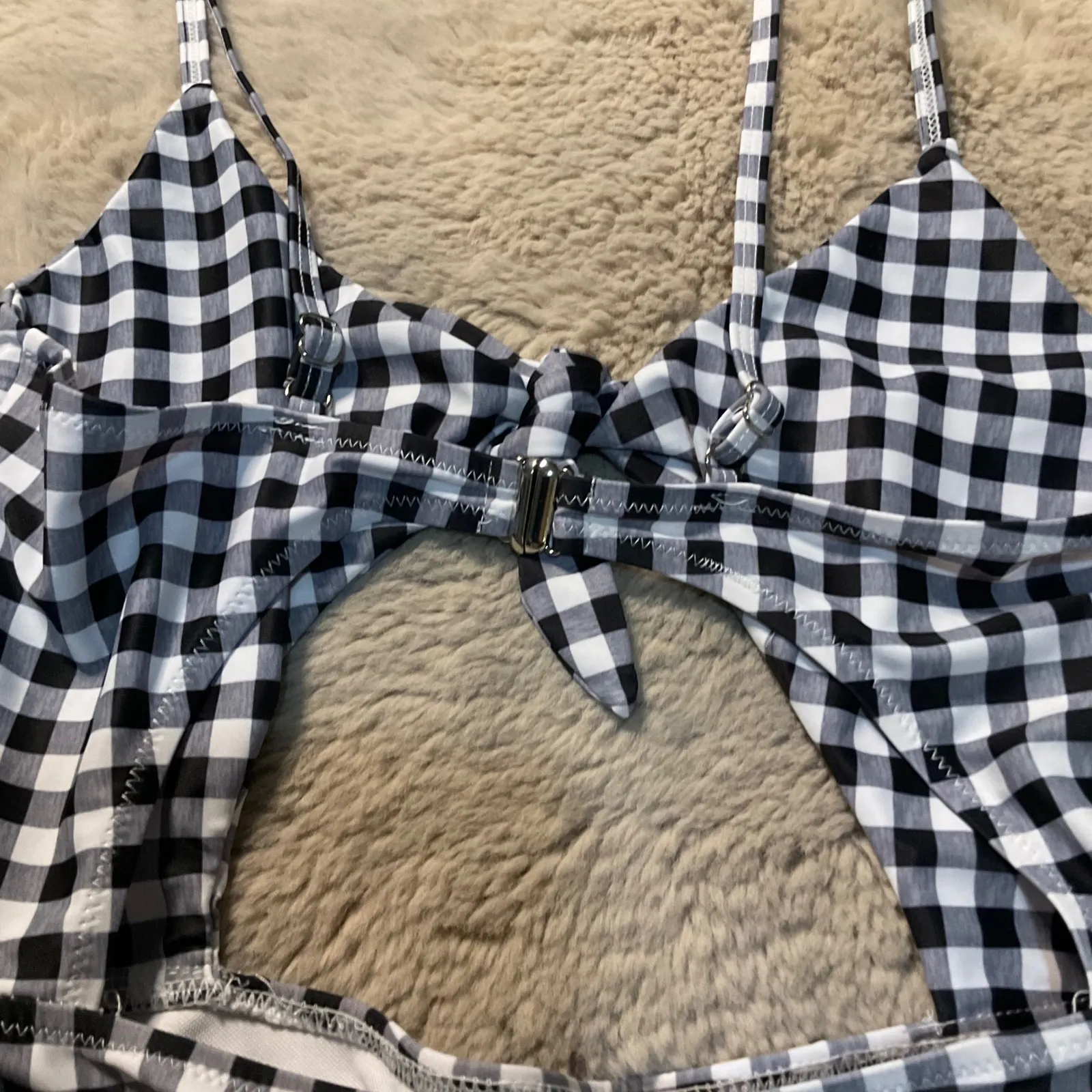SheIn  Swimsuit One Piece Middle Cutout Size Medium Gingham‎ Check Tie Top - Image 5