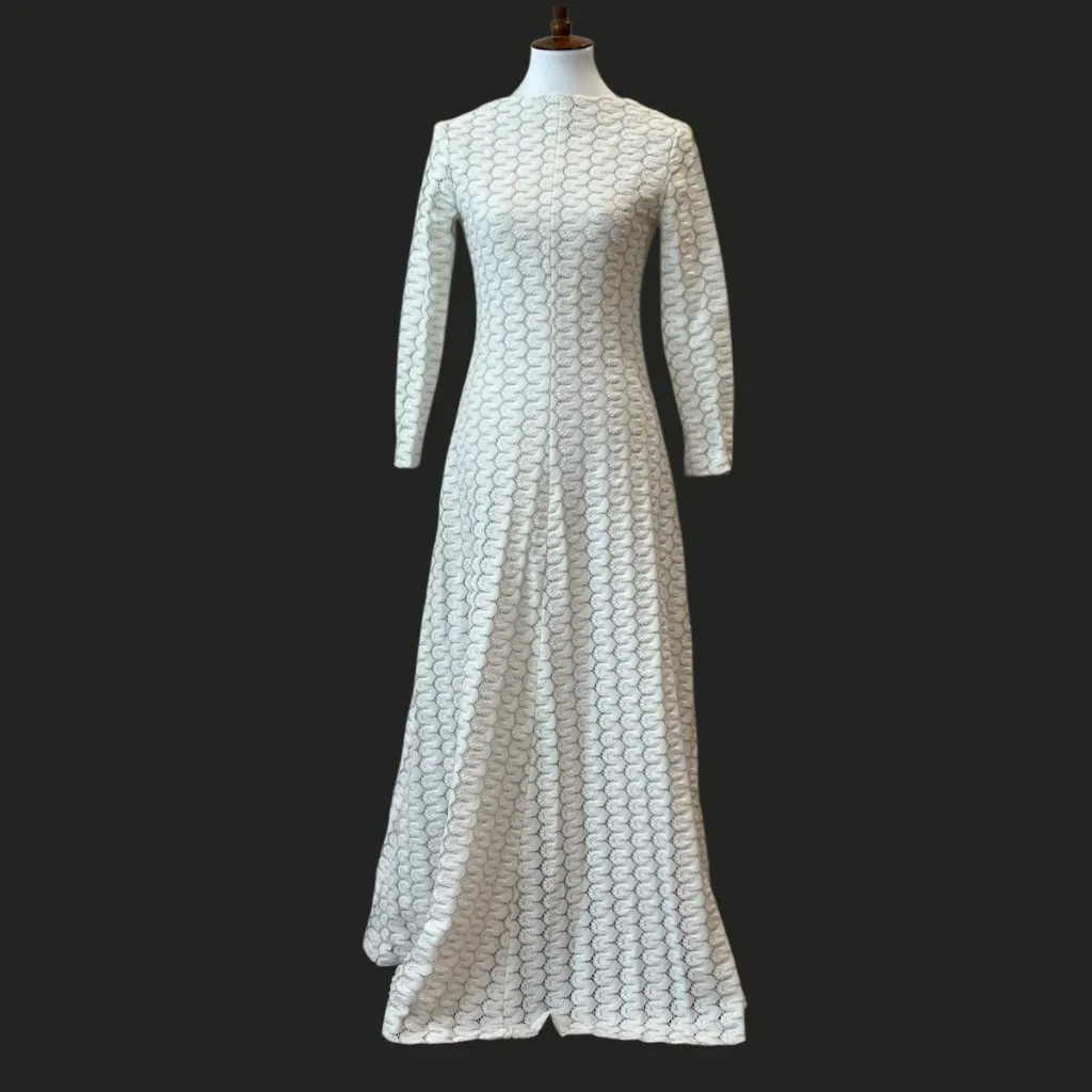 Vintage 70s White Maxi Dress Small 60s XS Crochet Boho Lace Long Wedding Gown Silver - Image 4