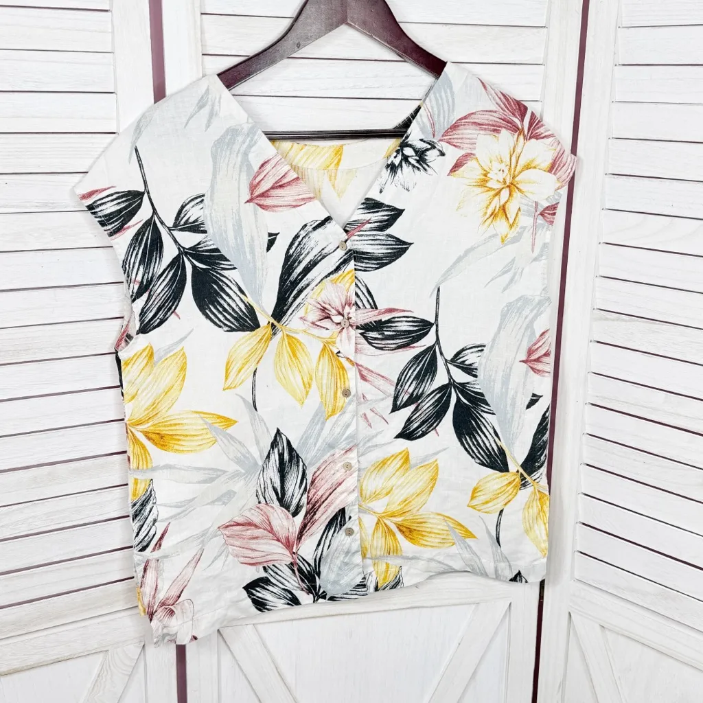 C&C California Tropical Palm Print Linen Button Back Shirt White Multi Medium - Image 8