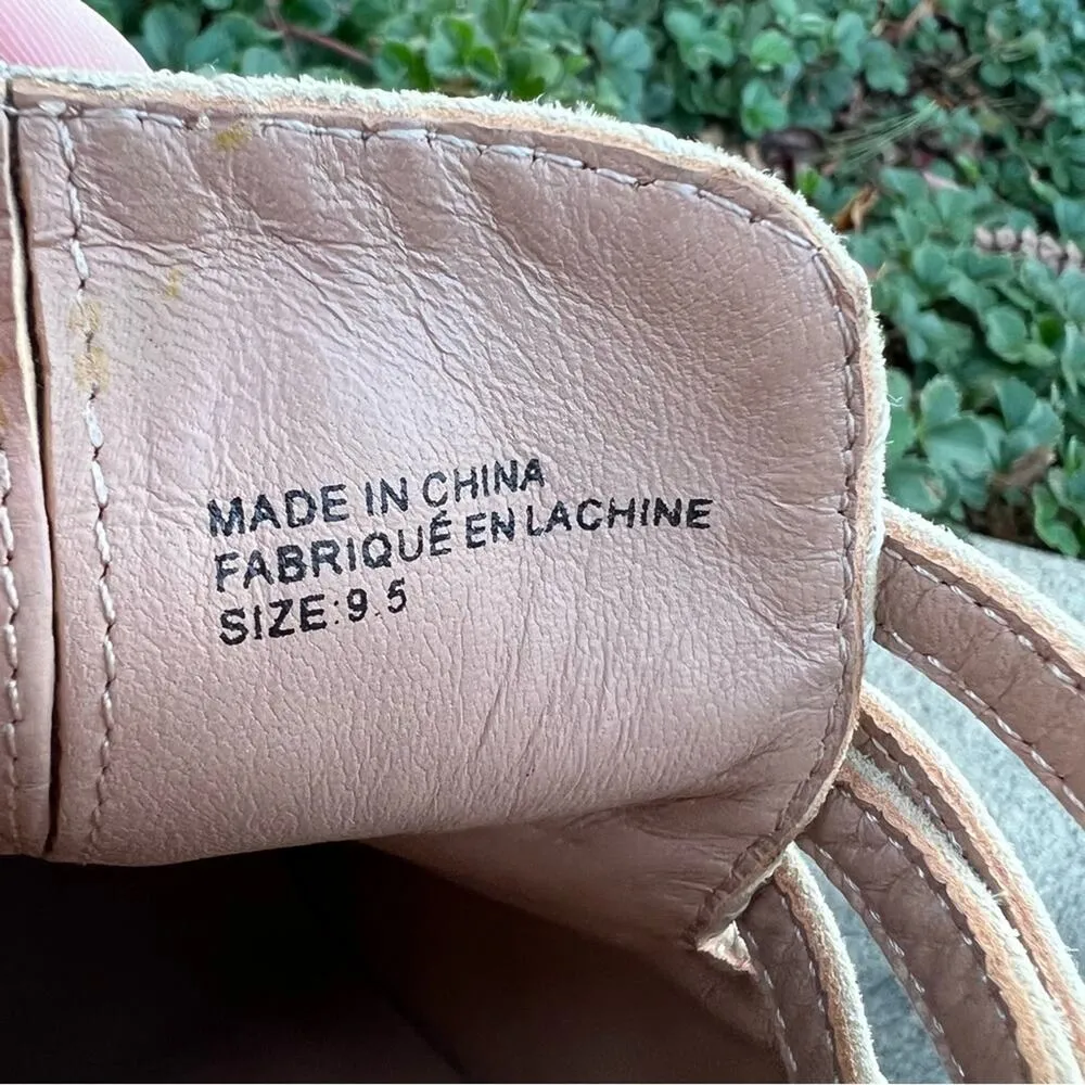 Anthropologie Beige Suede Wrapped Strap Stacked Heel Leather Booties 9.5 - Image 9