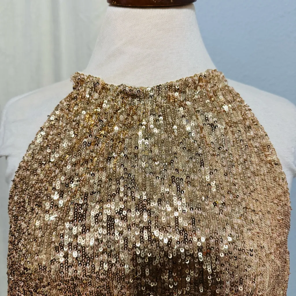 Free People Lights Out‎ Sequin Halter Cropped Top Neutral Combo Gold Color Sz XL - Image 10