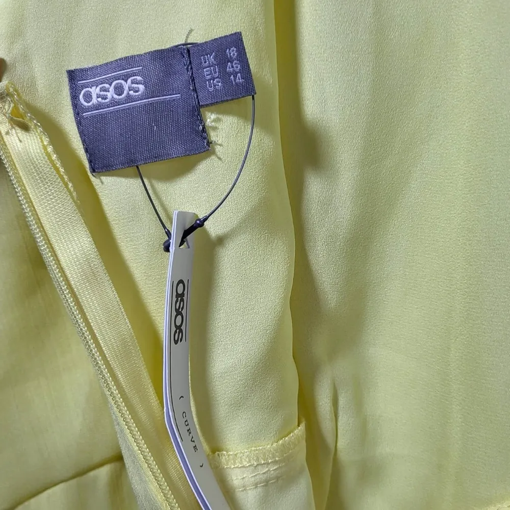 NWT ASOS Curve Asymmetrical Ruffle Tier Sheer Ruched Long Sleeve Dress in Yellow - Image 2