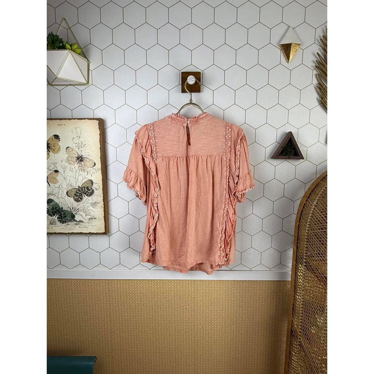 Free People Le Femme Ruffled Cotton Coral Blouse - Size - Large - Image 6
