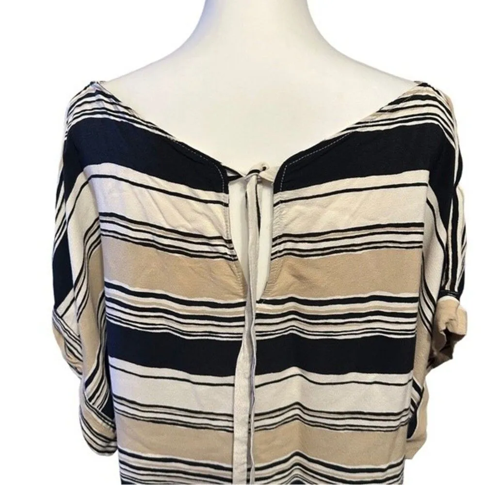 Zara Tan Beige White Black Stripe Tie Back Top Blouse Shirt Sz L - Image 6
